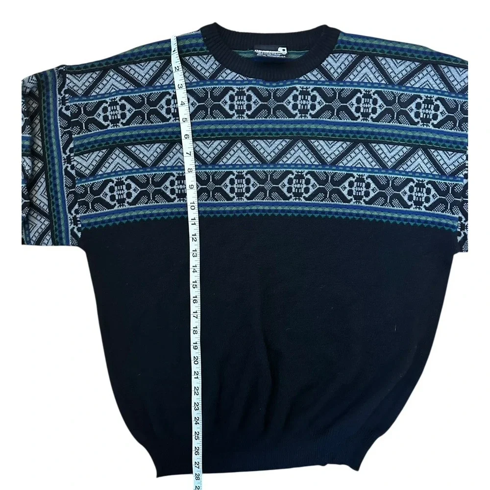 Demetre Vintage Mens Ski Sweater Wool Blend Fair Isle 90s Black Sz XL USA Made‎
